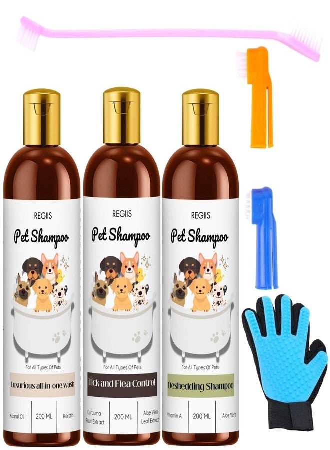 مجموعة شامبو ريجيس للحيوانات الأليفة مع قفاز للعناية، غسول شامل، مكافحة القراد والبراغيث، تركيبة لإزالة الشعر الزائد، 200 مل، عبوة من 3 قطع